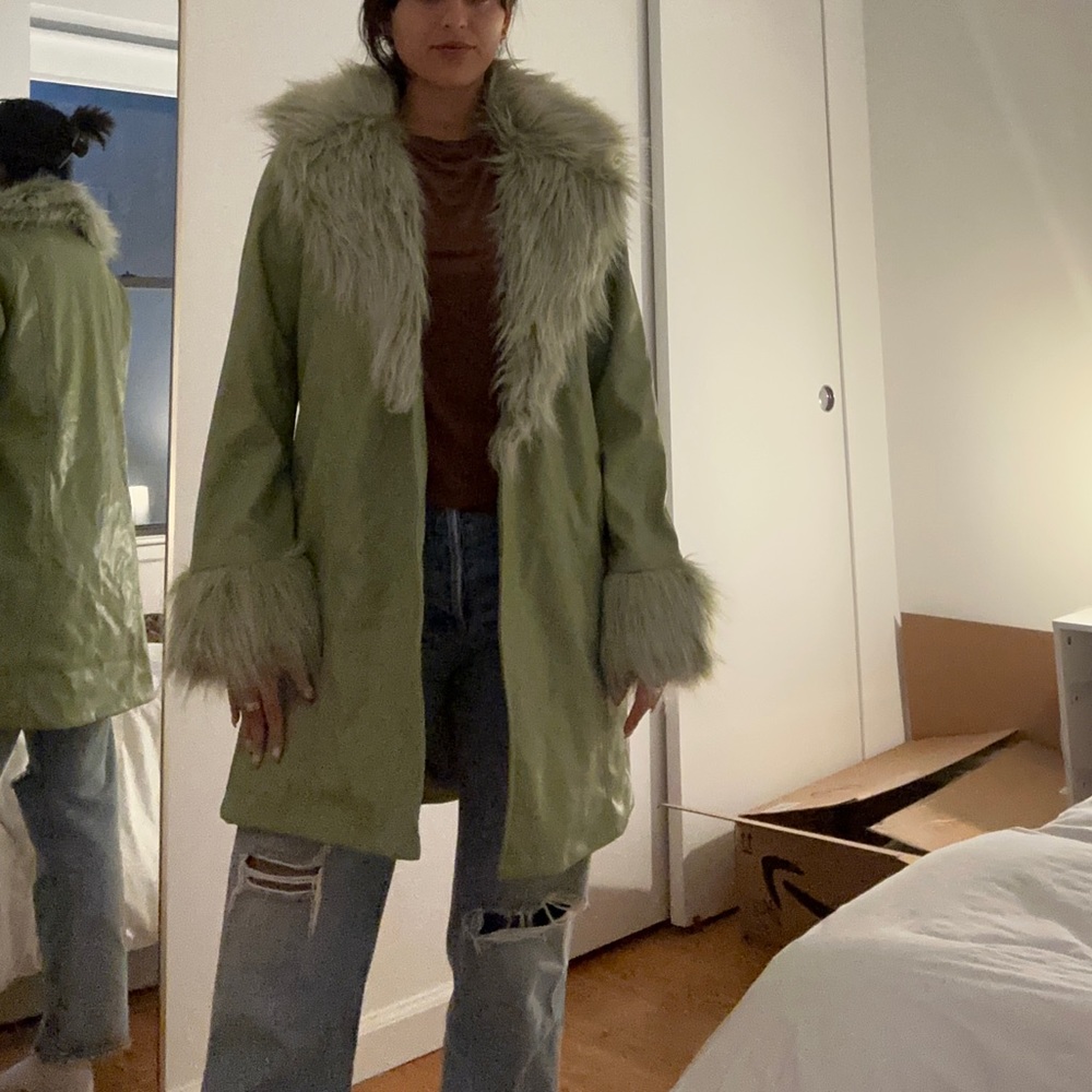 Show Me Your MuMu Green Leather jacket with Green Fur Lapel